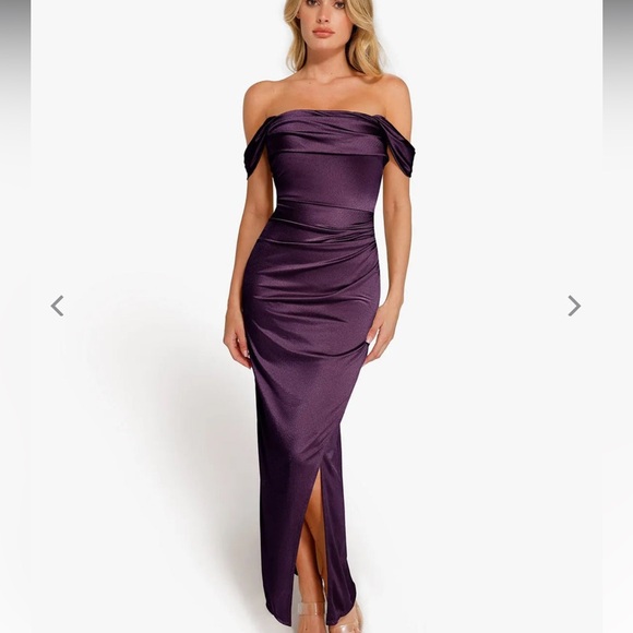 Shapewear Off Shoulder Shine Ruched Sculpting Maxi Dress  built in shapewear - Picture 1 of 8